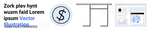Financial planning, e-commerce analytics, workplace setup, online strategy, budget management, and data tracking. Dollar symbol, desk outline and webpage interface. Financial planning and e-commerce