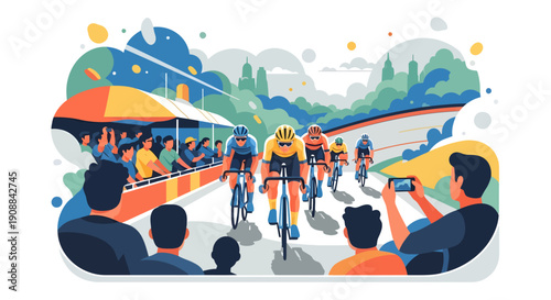 Cyclists racing down a scenic road with spectators and a bus watching from the side