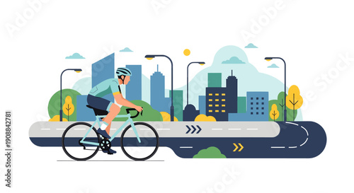 Woman riding bicycle on city road with buildings and trees in background