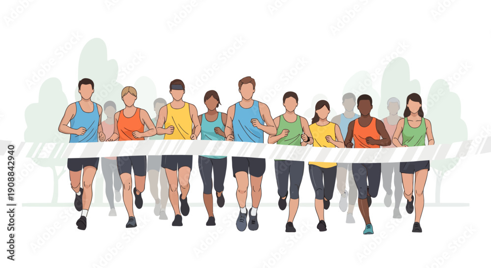 Obraz premium Diverse group of runners wearing colorful athletic wear cross finish line in illustration