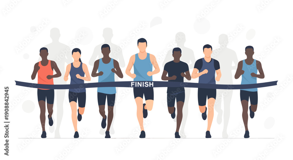 Obraz premium Runners of diverse ethnicities cross finish line in competitive race event
