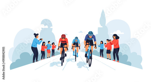 Cyclists ride towards cityscape as spectators watch and photograph event