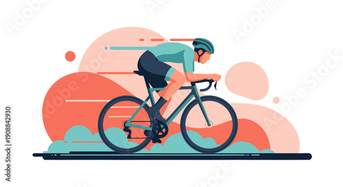 Cyclist riding bike fast on road with colorful abstract background and sunset