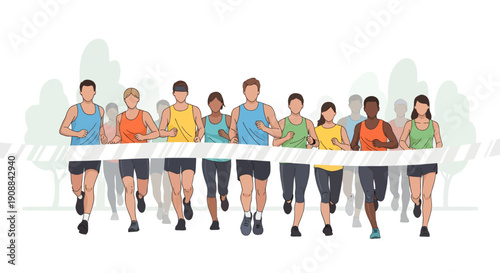 Diverse group of runners wearing colorful athletic wear cross finish line in illustration