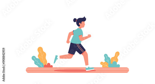 Woman runs actively outdoors in nature with plants and flowers around her on a sunny day.