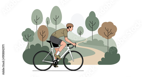 Man rides bicycle down trail through trees and bushes in forest landscape.