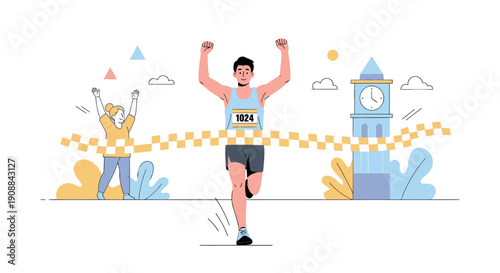 Runner crosses finish line with clock tower in background and fan cheering