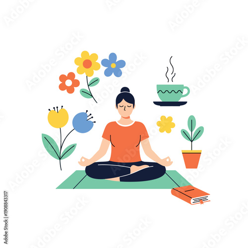 Young woman doing yoga in lotus position cartoon illustration