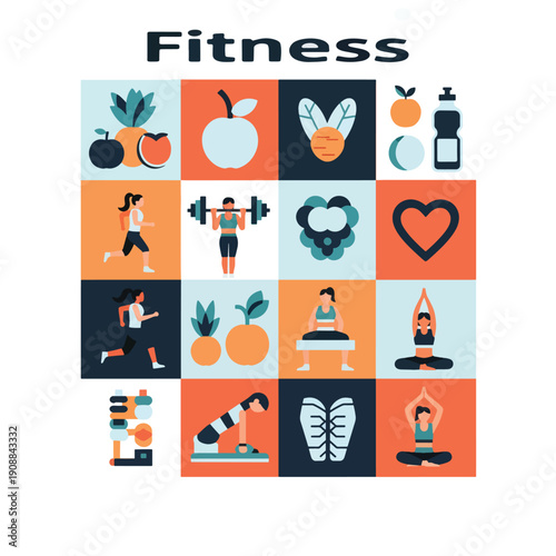 A collection of flat vector icons for health and fitness website design