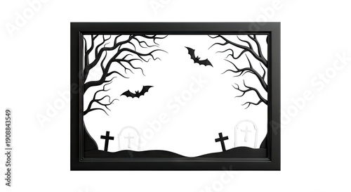 Halloween silhouette frame with bats and gravestones