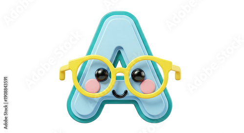 Cute 3D Letter A with Glasses and Happy Face