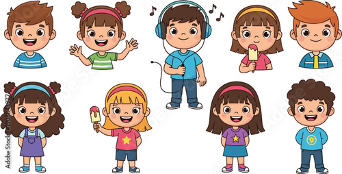 Children cartoon illustration set, ten kids colorful outfits hairstyles smiling waving ice cream headphones microphone diversity clothing symbols stars, vector artwork, childhood 