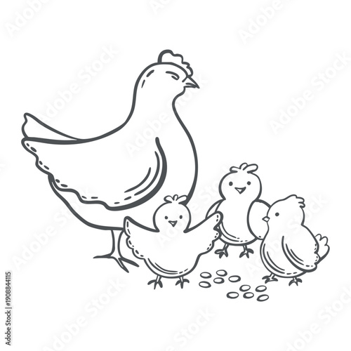 Hen with chicks vector graphic illustration. Whimsical hand drawn isolated doodle poultry birds for Easter designs. Black and white clipart for organic farm products packaging, baby designs, textile.