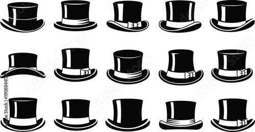 Top hat silhouette illustration set, sixteen black icons varied brims ribbons bows classic fashion costume design, vector artwork, clothing and style theme, isolated background