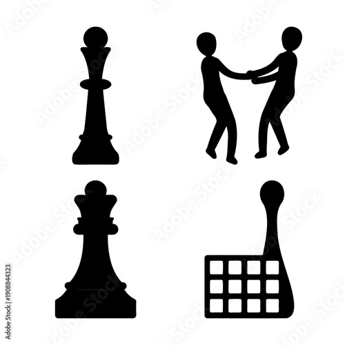 Diverse collection of game pieces and human interaction silhouettes