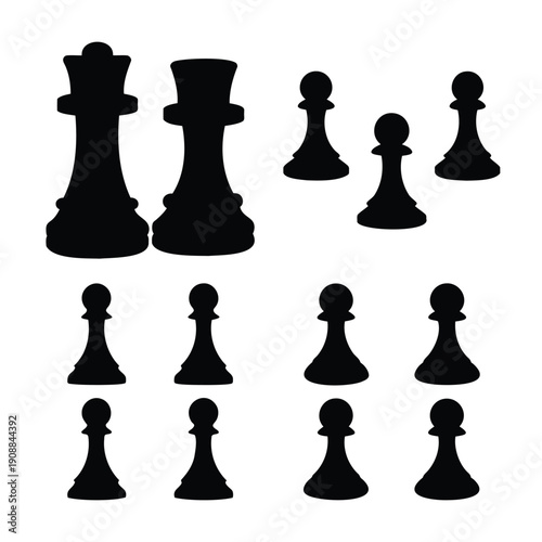 Black silhouettes of classic chess pieces featuring a king, queen, and multiple pawns on a white background