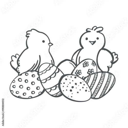 Chickens with Easter dyed eggs vector graphic illustration. Whimsical hand drawn isolated doodle for Easter egg hunt designs. Black and white composition of farm animals and religious symbol for crad.