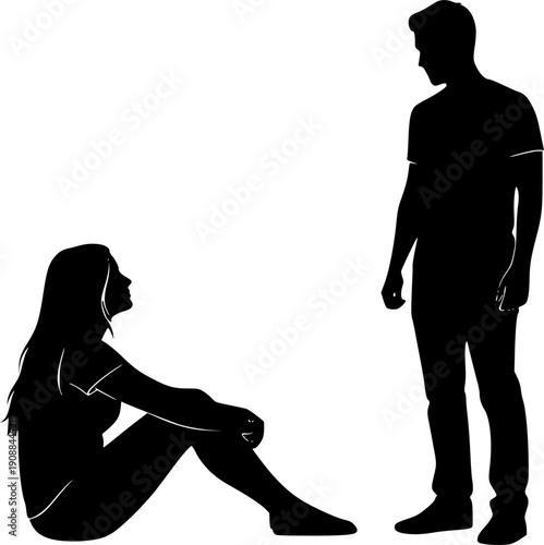 Minimalist black silhouettes of a man standing and a woman sitting on the floor, design for relationship blog graphics and social interaction presentations. Transparent EPS version.
