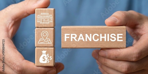 Man holding wooden blocks sees word: FRANCHISE. Franchise business concept. Franchise network business marketing plan. Successful business franchising model and marketing strategies. new