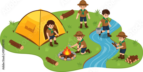 Happy young scouts enjoying a fun camping adventure by a river with a tent and campfire