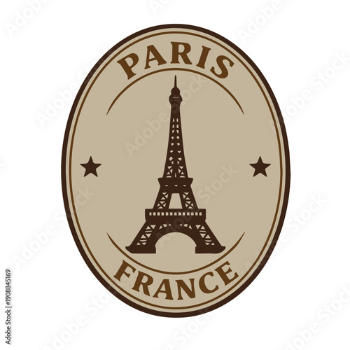 A postal stamp vector design featuring Paris city in France with map silhouette, retro rubber seal style, and brown grunge texture symbolizing travel heritage, tourism history, and classic postal.