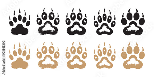 Bear Paw Prints Vector Collection. Wild Animal Footprints in Black and Brown Textured Styles Isolated on White.