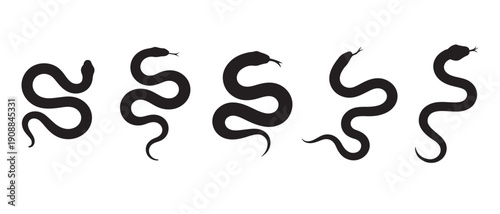 Black Snake Silhouettes Set on White Background with Various Coiled Serpent Icons and Symbols.