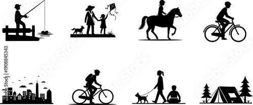 Collection of Diverse Outdoor Activities and Leisure Silhouettes on White Background
