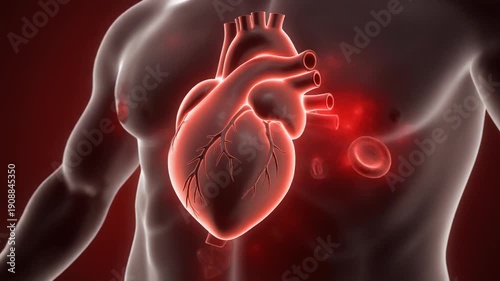 Digital illustration of human torso highlighting cardiovascular system, glowing red heart at center, surrounding blood vessels and red blood cells, dark background emphasizing anatomy and circulation.