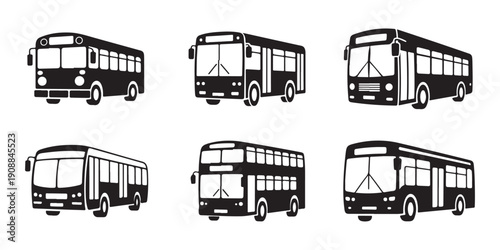 Collection of Various Bus Icons and Silhouettes for Public Transport and Urban Travel Graphic Design.