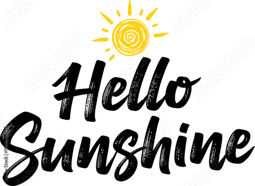 Hello Sunshine Brush Script Lettering with Bright Yellow Sun Icon