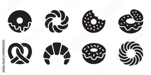 Black Bakery Pastry Icons Set. Donuts, Croissant, Pretzel, and Swirled Breads on White Background.