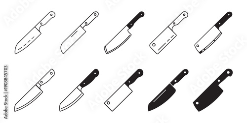 Kitchen Knives Vector Icons Set. with Chef and Cleaver Blades for Culinary Design and Food Preparation.