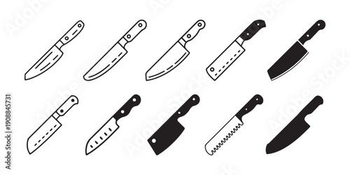 Kitchen Knives and Cleavers Collection in Outline and Solid Black Icon Style for Cooking.