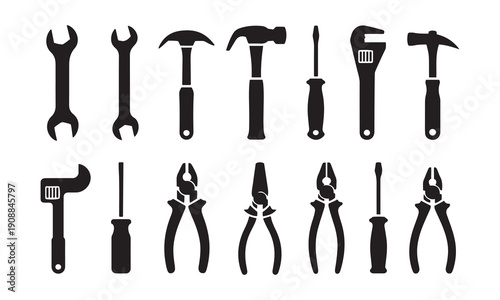 Professional Hand Tools Vector Silhouette Set. for Home Repair, Construction and DIY Work.
