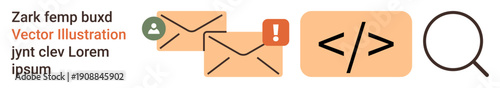 Email management, software development, online search, notifications, coding tools, digital communication. A set of envelopes, coding brackets and magnifying glass icons. Email management