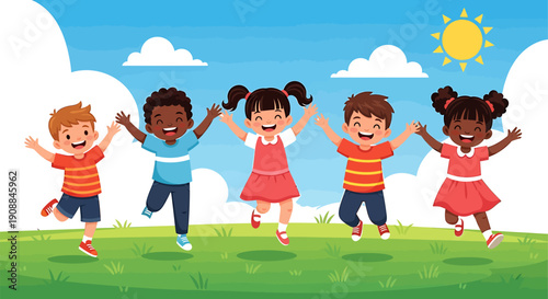 Joyful Diverse Children Jumping and Playing Together in a Sunny Park Illustration