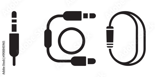 Audio Jack and Cable Connector Icons Set. with Splitter for Electronic Devices and Sound Systems.