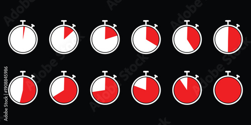 Stopwatch icon with red and white sections, flat design vector illustration