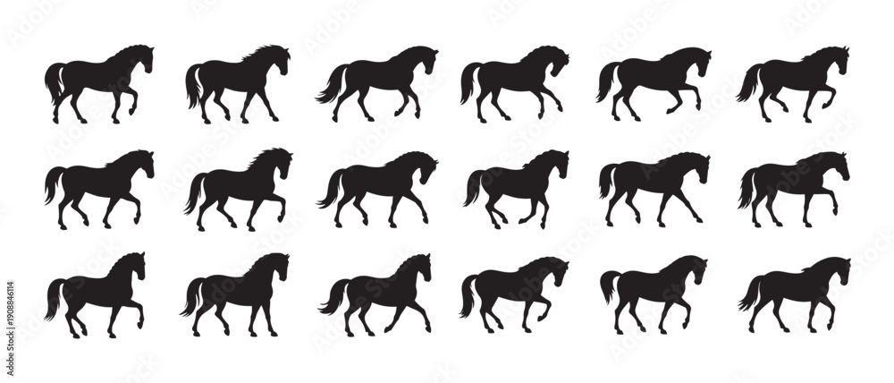 Fototapeta premium Graceful Trotting Horse Silhouettes Creating a Dynamic Repeating Pattern on a Pure White Canvas.