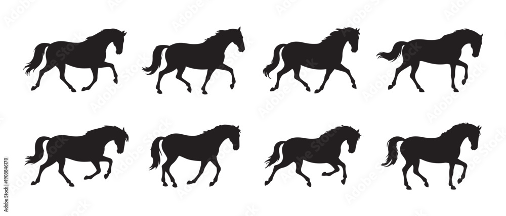 Obraz premium Silhouette of galloping horses in motion black and white minimalist art dynamic animal movement vector illustration.