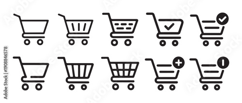 Modern shopping cart icons in line art style for retail business and e-commerce vector illustration.