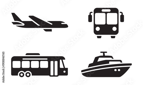 Transportation Icons Set. Airplane, Bus, Trolleybus, and Yacht Symbols Representing Travel and Mobility Options.