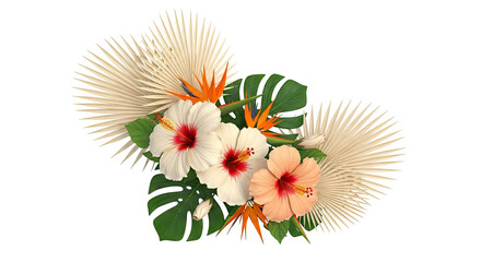 Tropical floral arrangement with hibiscus and palm fronds