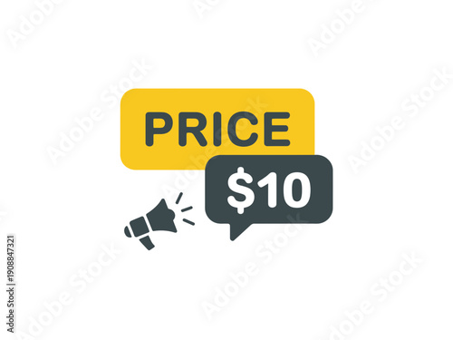 A vector graphic illustration of a megaphone announcing a price of $10 in a modern, flat design style.