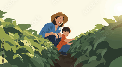 Mother and child cultivating connection amidst vibrant crops in a sunny farm field, celebrating family agriculture, hands-on learning, and the joy of nature