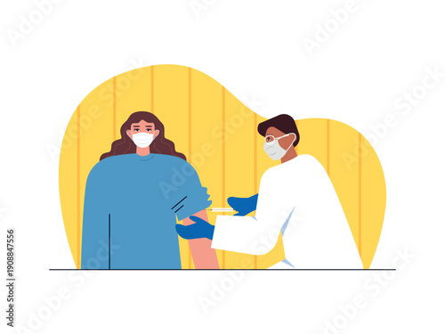 The vaccination process carried out by health workers on a woman. Omicron illustration. Flat vector illustration concept.