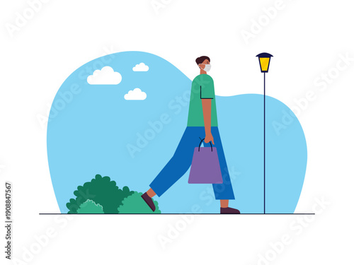A man wearing a face mask and carrying shopping bags. Omicron illustration. Flat vector illustration concept.
