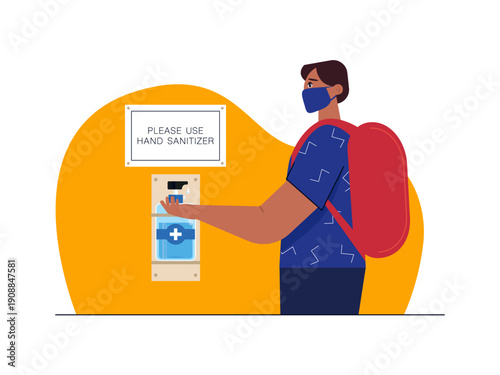 A man is using a wall-mounted hand sanitizer dispenser to maintain cleanliness and prevent the spread of germs. Omicron illustration. Flat vector illustration concept.