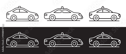 Set of black and white taxi cabs illustration vector isolated on white background for urban transportation design.